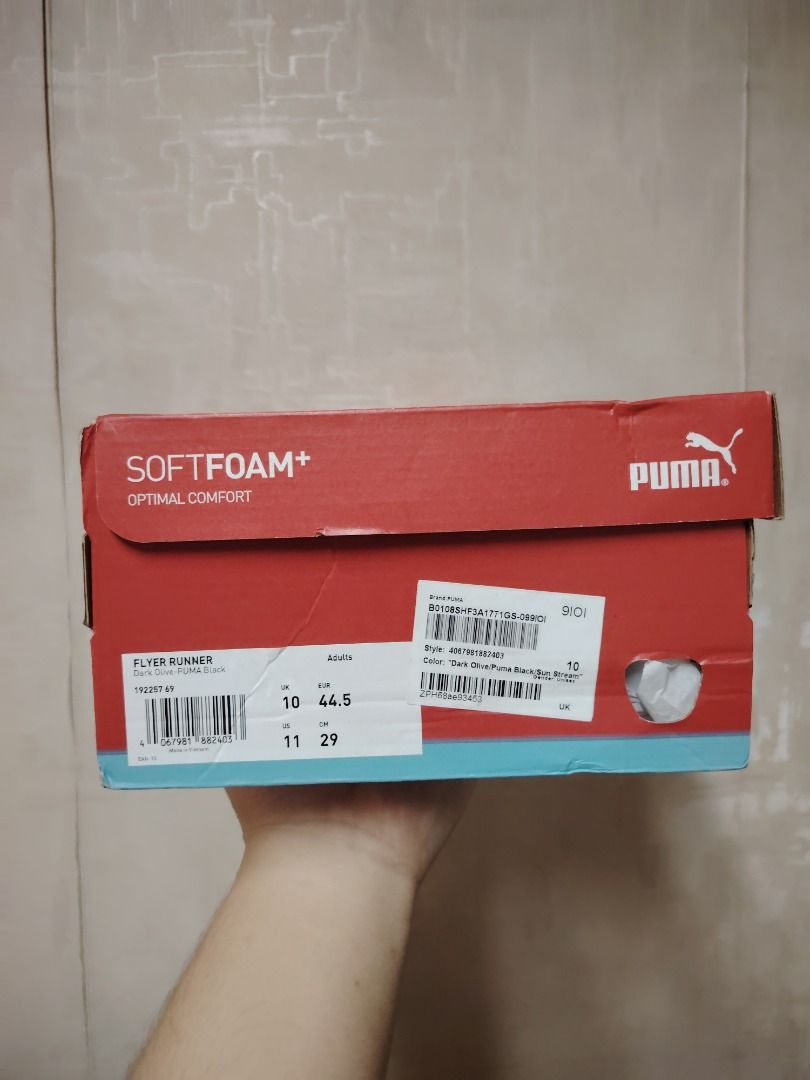 Puma Flyer Runner Dark Olive Size 10UK 11US (Category: Sneakers) located in San Fernando. Submitted by kondotime (Listing ID 1467648476, Image 3). Description: - Brand: Puma Flyer Runner - Color: Dark Olive / Black - Size: US 11 / EUR 44 / UK 10 - Used twice only, box included - Features: SoftFoam+ comfort insoles, lightweight mesh upper, cushioned white sole - Ideal for: Everyday running or casual streetwear.