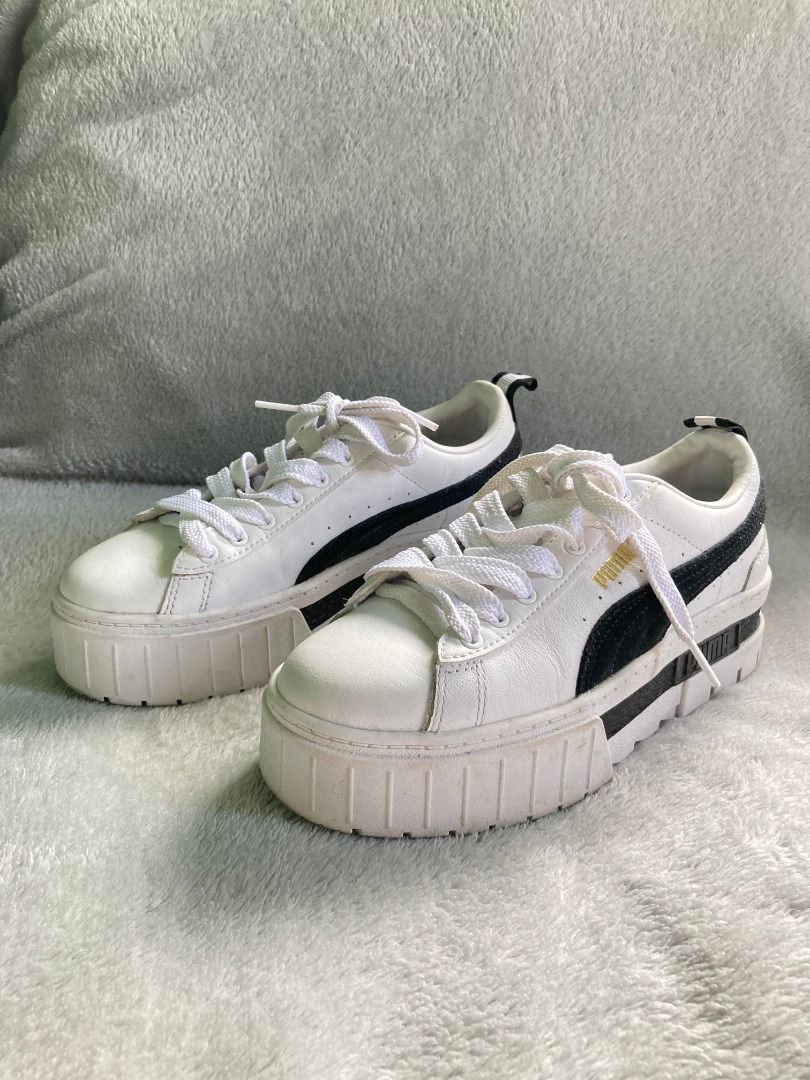 Puma Mayze Platform White Black Sneakers (Category: Sneakers) located in Rizal. Submitted by sheeraay (Listing ID 1467707945, Image 1). Description: - Brand: Puma - Style: Platform chunky sneakers with stacked sole - Color: White with black suede formstrip and gold foil logo branding - Size: US 5.5 / UK 3 / EUR 35.5 - Closure: Regular lace-up - Condition: Uppers are very clean; moderate wear on outsoles -Used twice only -with box.