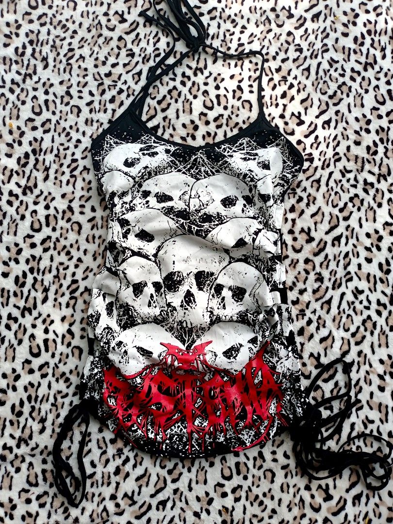 Punk Goth Style Halter Mini Dress (Category: Sleeveless) located in Los Banos. Submitted by nicot_nit (Listing ID 1467780279, Image 1). Description: mine ₱1150 (OR DROP YOUR BEST OFFER)❗ +sf 23x15 xs (adjustable, up to large size) 10/10 no issues click or slides each photos for any flaws n other details, dm me or comment to purchase n other details📩.