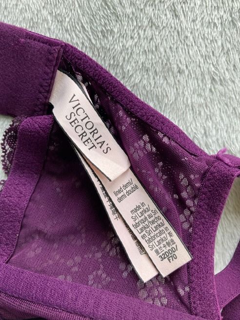 Purple Lined Demi Bra (Category: Undergarments & Loungewear) located in Rizal. Submitted by sheeraay (Listing ID 1467651946, Image 3). Description: - Brand: Victoria's Secret - Size: 32DDD / F70 - Style: Lined demi with adjustable straps - Design: Stunning purple floral lace with center bow detail.