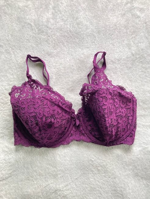Purple Lined Demi Bra (Category: Undergarments & Loungewear) located in Rizal. Submitted by sheeraay (Listing ID 1467651946, Image 2). Description: - Brand: Victoria's Secret - Size: 32DDD / F70 - Style: Lined demi with adjustable straps - Design: Stunning purple floral lace with center bow detail.