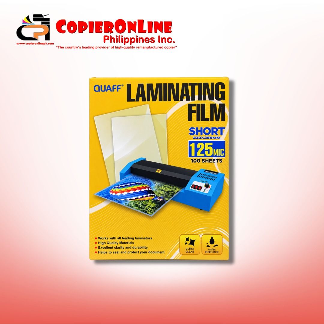 Quaff Laminating Films 125 Mic 100 Sheets (Short) (Category: Stationery & School Supplies) located in Quezon City. Submitted by copieronlineinc (Listing ID 1467506993, Image 1). Description: 🖨️ QUAFF LAMINATING FILM – 125 MICRONS Keep your documents clear and protected! ✨ Ideal for photos, IDs, certificates, and other printed materials. 📌 Details: • 125 microns • 100 sheets per pack • Clear / Transparent • Short Size (222 × 286 mm) – ₱605/pack 