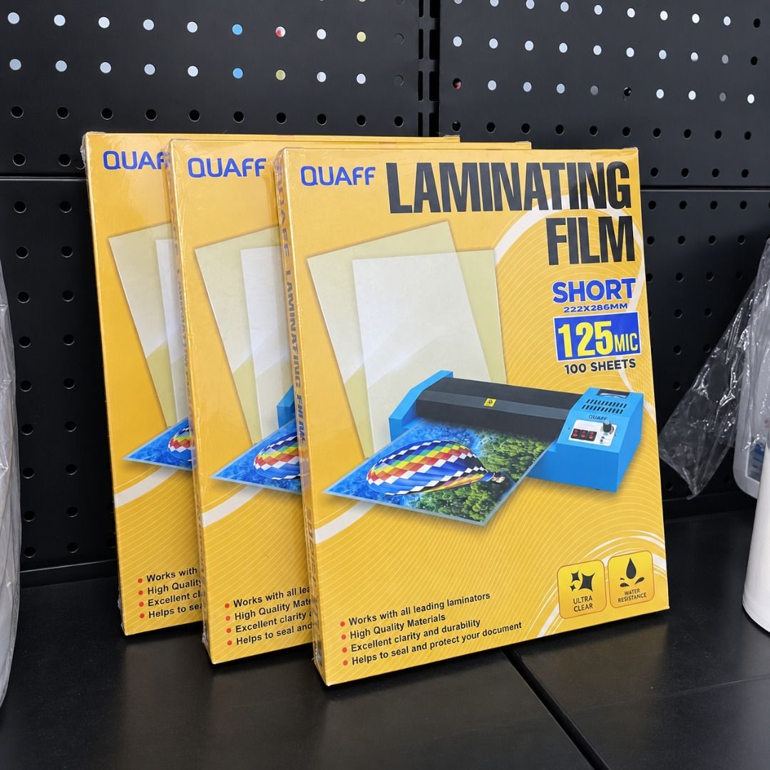 Quaff Laminating Films 125 Mic 100 Sheets (Short) (Category: Stationery & School Supplies) located in Quezon City. Submitted by copieronlineinc (Listing ID 1467506993, Image 2). Description: 🖨️ QUAFF LAMINATING FILM – 125 MICRONS Keep your documents clear and protected! ✨ Ideal for photos, IDs, certificates, and other printed materials. 📌 Details: • 125 microns • 100 sheets per pack • Clear / Transparent • Short Size (222 × 286 mm) – ₱605/pack 