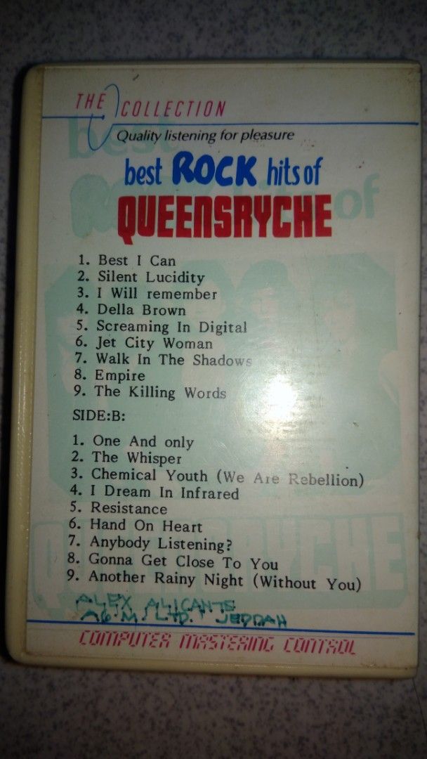 Queensryche Best Rock Hits Cassette Tape (Category: CDs & DVDs) located in Makati City. Submitted by julz2026 (Listing ID 1467700193, Image 2). Description: -Price is fixed - Saudi tape with inlay and transparent casing - Very good condition.