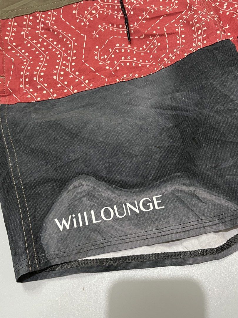 Quiksilver x Will Lounge Board Shorts Multi-color (Category: Swim Trunks & Board Shorts) located in Manila. Submitted by jorgemabelin2001 (Listing ID 1467760376, Image 3). Description: - Brand: Quiksilver x Will Lounge collaboration - Design: Tri-color blocked (olive green top, red patterned middle, dark grey bottom) - Details: Back pocket with Quiksilver logo patch and matching Will Lounge hem print - Waist: Adjustable drawstring with black lace