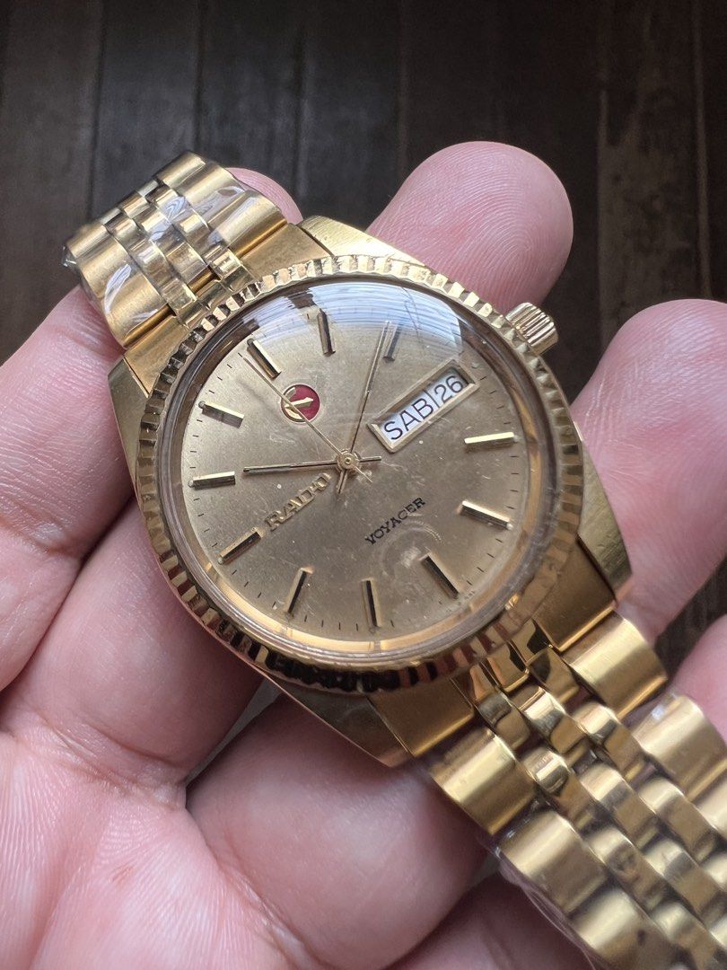 Rado Voyager gold-tone (Category: Men's Watches) located in Manila. Submitted by dansanjose09 (Listing ID 1467613986, Image 2). Description: For Sale: Rado Voyager gold tone 📌 Model: Rado Voyager gold tone 📌 Reference: 📌 Production Date: 📌 Movement: Automatic Specifications: * Case Diameter: 36mm (excluding crown) * Lug Width: 20mm * Condition: 8/10 * Sign of usage * Polished case and crystal * All-original watch head (new crystal) * Comes wi