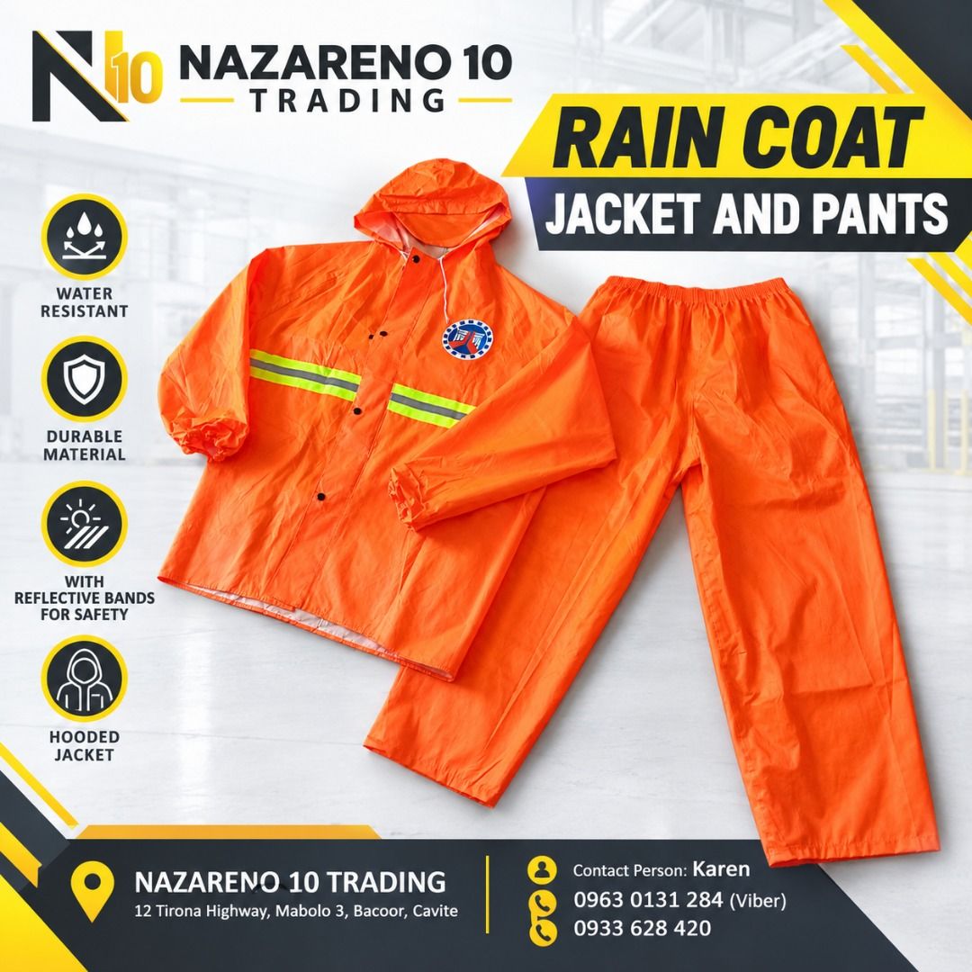 Rain Coat Jacket and Pants with Reflector (Category: Looking For) located in Bacoor. Submitted by kajezame.2021 (Listing ID 1467613309, Image 1). Description: Rain Coat Jacket and Pants For More Details and Discount Contact Ms. Karen NAZARENO 10 TRADING 0963 0131 284 0933 6283 420 0956 7028 557 0933 8559 510 Landline: Look for Ms. Karen (046 ) 416 3920 Also available: • Traffic cone • Parking Block stopper • Hooded trash bin • Road Plastic Barrie