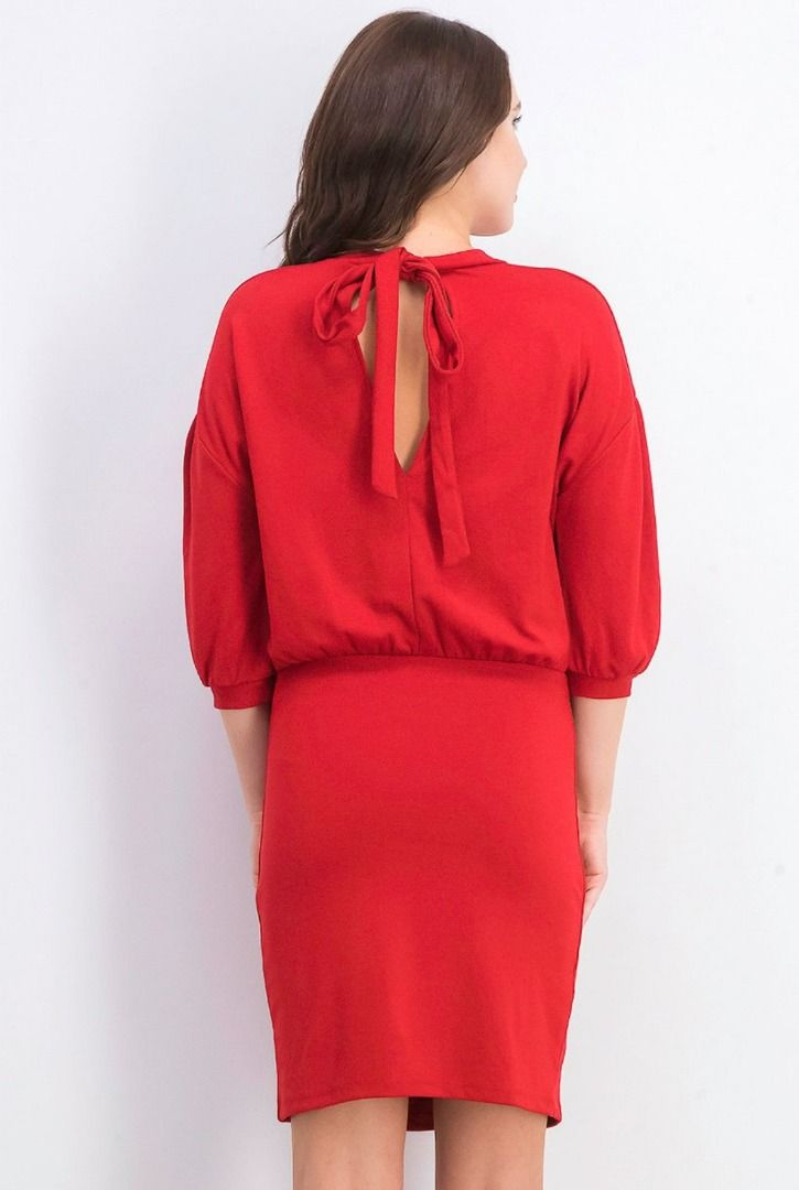 Red Mini Dress with Back Bow Detail (Category: Dresses) located in San Pablo. Submitted by endyqueen (Listing ID 1467629448, Image 3). Description: - Color: Vibrant red - Style: Fitted silhouette with a straight hemline - Sleeves: Three-quarter balloon sleeves with gathered cuffs - Neckline: Rounded front neckline with a cute ribbon tie closure at the back - Length: Knee-length mini dress - Condition: Excellent, like new - Mode of Payment: GCash 