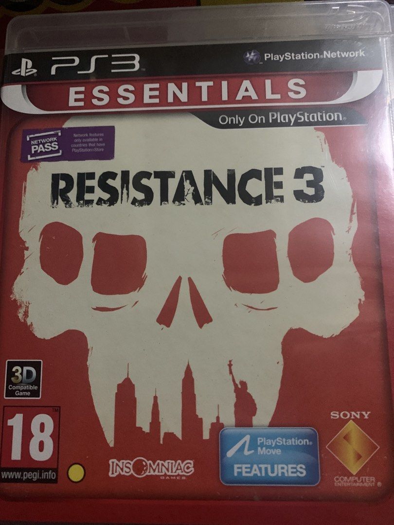 Resistance 3 PS3 Essentials Game PlayStation 3 (Category: PlayStation) located in Makati City. Submitted by emenem.m (Listing ID 1467719555, Image 1). Description: - Game: Resistance 3 (Essentials Edition) - Platform: PlayStation 3 (Only on PlayStation) - Rating: PEGI 18 - Features: Supports 3D gaming and PlayStation Move - Included: Original case, cover art, and network pass - Condition: Great addition to any PS3 collection.
