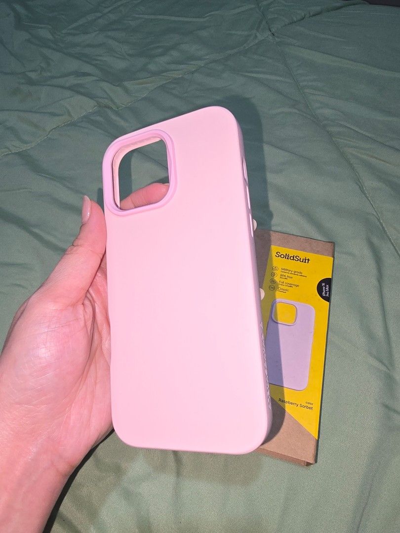 Rhinoshield SolidSuit for 16 Pro Max (BN) (Category: Cases & Sleeves) located in Marikina City. Submitted by meandmyprelovedstuff (Listing ID 1467776846, Image 2). Description: - Brand: RhinoShield SolidSuit - Compatibility: iPhone 16 Pro Max - Color: Raspberry Sorbet (Soft Pink) - Condition: Brand New (comes with original box) - Key Features: Military-grade drop protection, BPA-free material, inner honeycomb structure for shock absorption - Meet