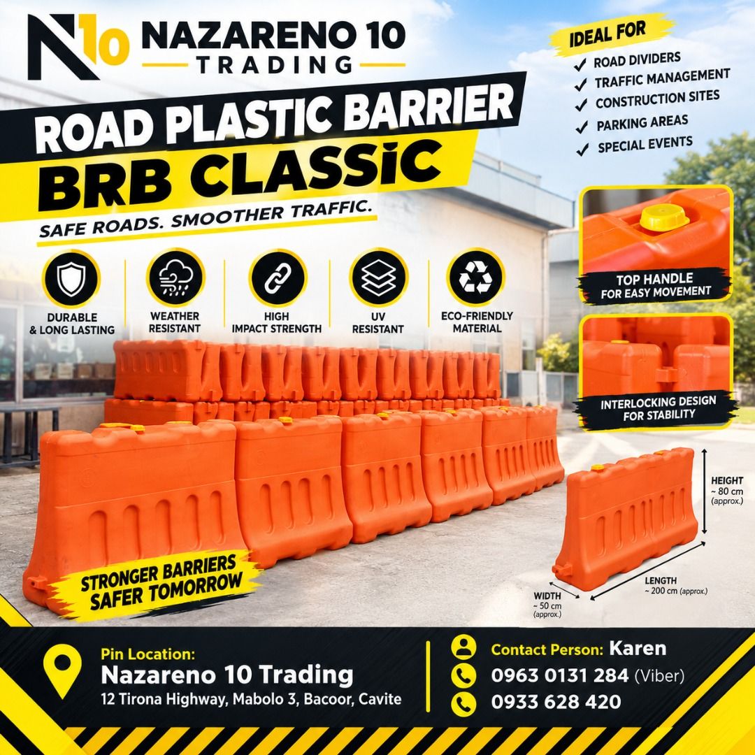 ROAD PLASTIC BARRIER BRB CLASSIC (Category: Looking For) located in Bacoor. Submitted by kajezame.2021 (Listing ID 1467620016, Image 1). Description: ROAD PLASTIC BARRIER BRB CLASSIC For More Details and Discount Contact Ms. Karen NAZARENO 10 TRADING 0963 0131 284 0933 6283 420 0956 7028 557 0933 8559 510 Landline: Look for Ms. Karen (046 ) 416 3920 Also available: • Traffic cone • Parking Block stopper • Hooded trash bin • Road Plastic Barrier •