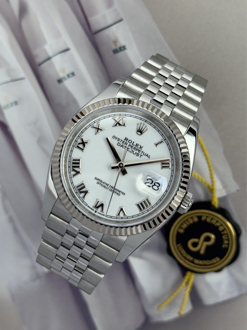 Rolex Datejust 36 White Roman (Category: Luxury Watches) located in Cebu City. Submitted by pcantillas (Listing ID 1467682487, Image 1). Description: Rolex Datejust 36 White Roman Dial Fluted Jubilee 126234 36mm 2023 Condition: 9/10 (Excellent condition) Price: P658,000 Negotiable 🤝 7 Day Moneyback Guarantee 🧑‍🔧 1 Year SP Service Warranty 💱 Trades Offers and Pre-orders Accepted 💳 Credit Card Options Available 🪙 Layaway Options Available 📦 
