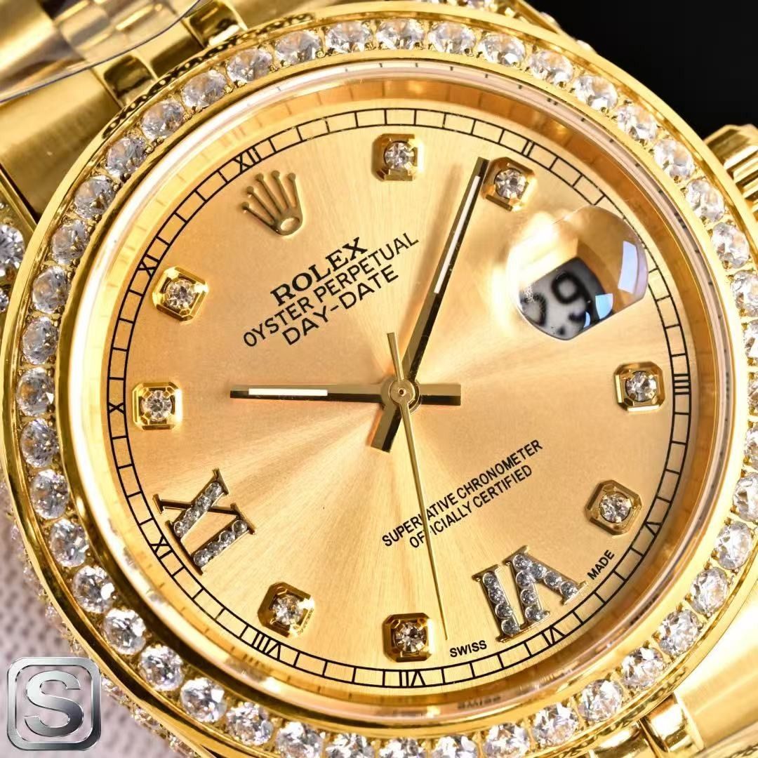 Rolex Day-Date Gold Diamond Watch (Category: Luxury Watches) located in Paranaque City. Submitted by ilottuotle03877 (Listing ID 1467701824, Image 3). Description: - Model: Rolex Day-Date - Dial: Champagne with diamond hour markers and date window with magnification at 3 o'clock - Bezel: Sparkling diamond bezel - Bracelet: Yellow gold-tone Jubilee bracelet with Steelinox stamped clasp - Performance: Keeps time exceptionally well - Style: Classic 