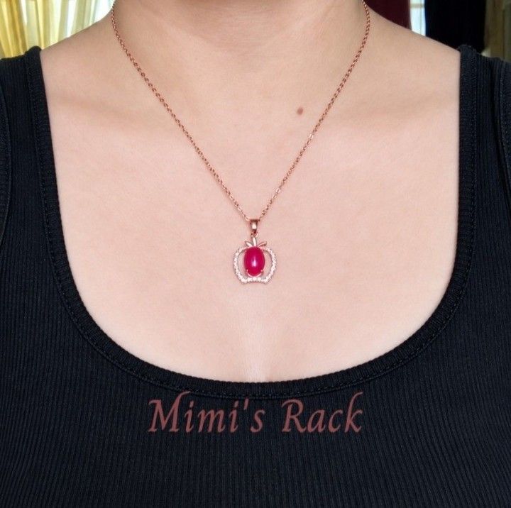 RUBY JADE APPLE NECKLACE ROSE GOLD GEMSTONE NECKLACE (Category: Necklaces) located in Taguig. Submitted by mimisrack (Listing ID 1467807897, Image 3). Description: ❤️Charming design. Elegant glow. -Ruby Jade apple-shaped natural stone pendant -Rose gold setting with warm, elegant finish -Rich red gemstone color with polished shine -Ruby Jade is associated with vitality, passion, and positive energy -A sweet gemstone necklace with stylish rose gol