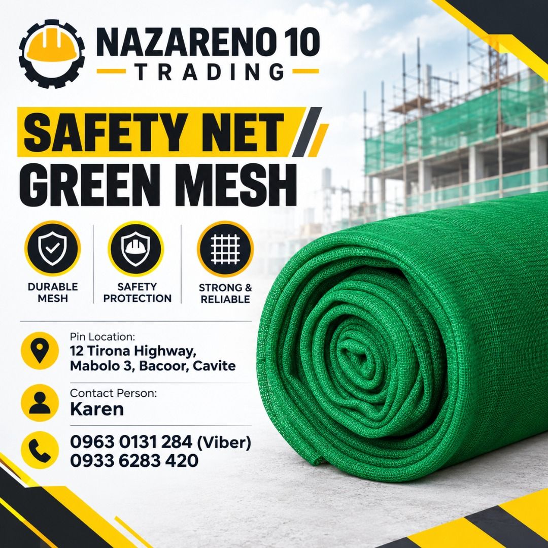 Safety Net Green Mesh (Category: Looking For) located in Bacoor. Submitted by kajezame.2021 (Listing ID 1467651282, Image 1). Description: Safety Net Green Mesh Construction Net For More Details and Discount Contact Ms. Karen NAZARENO 10 TRADING 0963 0131 284 0933 6283 420 0956 7028 557 0933 8559 510 Landline: Look for Ms. Karen (046 ) 416 3920 Also available: • Traffic cone • Parking Block stopper • Hooded trash bin • Road Plastic Barrier • Spil