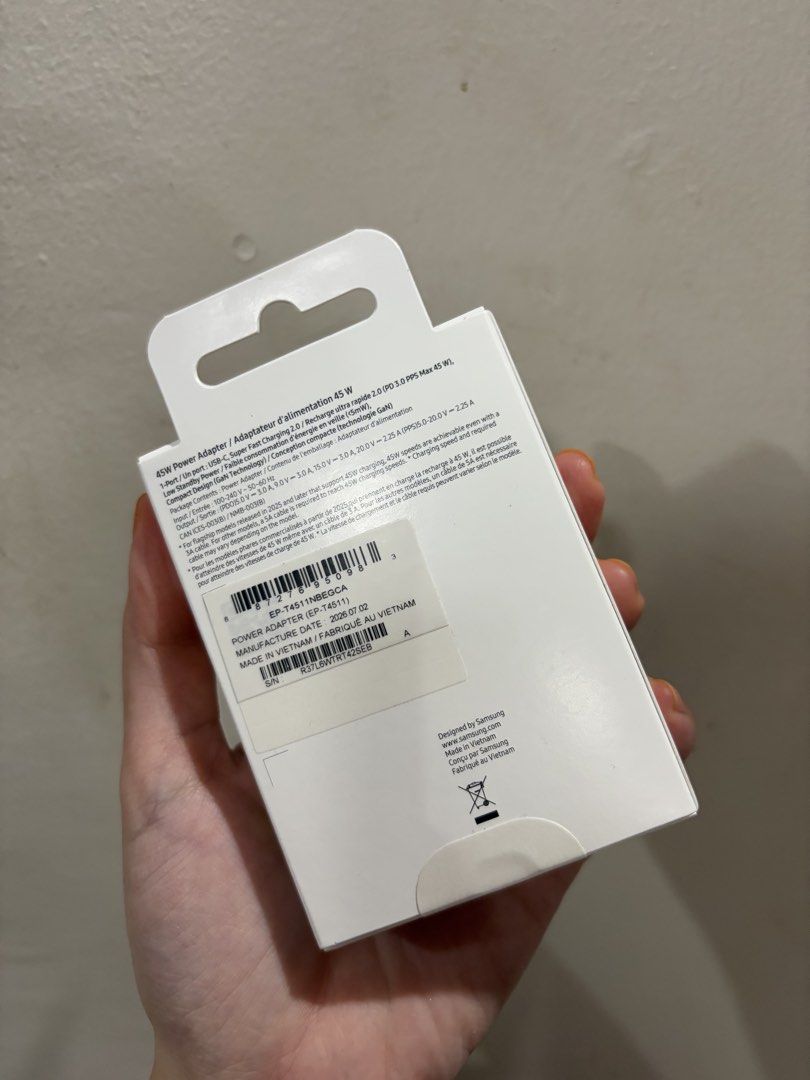 Samsung 45w adapter (Category: Cables & Adaptors) located in Manila. Submitted by krish_bear (Listing ID 1467634670, Image 2). Description: Sealed.