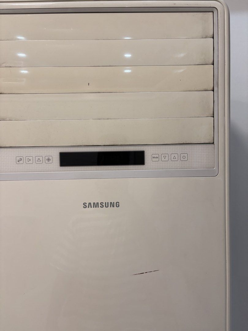 Samsung 4HP Floor Standing Air Conditioner (Category: Air Conditioning and Heating) located in Rizal. Submitted by bfintal (Listing ID 1467625801, Image 3). Description: Samsung 4HP floor-standing air conditioner. Samsung floor standing air conditioner unit, model AP36M0AN. Capacity 38,000 kJ/h, 230V, 60Hz. Includes indoor tower unit and outdoor compressor unit. White casing with digital display panel. Some cosmetic scuffs and dust accumulation o
