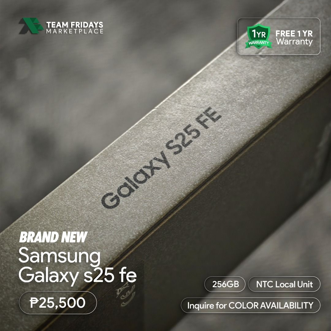 Samsung Galaxy S25 FE (256GB) (Category: Samsung) located in Quezon City. Submitted by teamfridaysmarketplace (Listing ID 1467614114, Image 2). Description: Samsung Galaxy S25 FE (256GB) Openline both sim 1 and sim 2 SALE Price: Php25500 The unit is Bnew and sealed Warranty: 7 Days Money Back Guaranteed 1 year Google Assistance Warranty Package: complete standard package Description - 256GB - Navy and Icy Blue - NTC - Guaranteed No defects and NO