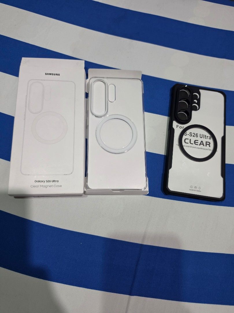 Samsung S26 Ultra Magnetic Clear Case (Category: Cases & Sleeves) located in Guinobatan. Submitted by mayrell128 (Listing ID 1467718255, Image 1). Description: Samsung S26 Ultra - Type: Magnetic Clear Case slightly use - Design: Transparent back to showcase your phone's original color with built-in magnetic ring - Condition: Brand new in box - Convenience: MagSafe compatible for seamless magnetic charging and accessories Free: xunod black case - 