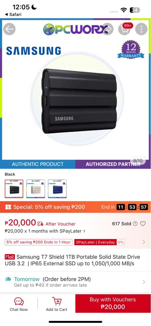 Samsung T7 Shield 1TB Portable SSD (Category: Hard Disks & Thumbdrives) located in Indang. Submitted by loveleen09 (Listing ID 1467633612, Image 2). Description: - Brand: Samsung T7 Shield 1TB Portable SSD - Color: Black - Condition: Brand new, sealed in original blue retail packaging - Speed: Lightning-fast file transfers up to 1,050 MB/s - Durability: Rugged design with IP65 water and dust resistance (2023 Red Dot Award Winner) - Compatibility: