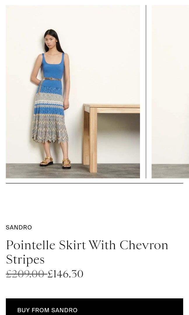SANDRO Pointelle Skirt With Chevron Stripes (Category: Skirts) located in Legazpi City. Submitted by jaycie.thrift23 (Listing ID 1467714135, Image 1). Description: SANDRO Pointelle Skirt With Chevron Stripes as new size 1 on tag fit 26-30 34L.