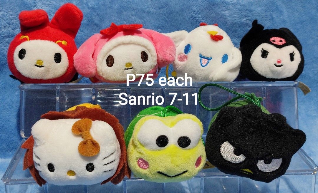 Sanrio 7-11 Plush Toy/Charm Assortment (Category: Plushies & Soft Toys) located in Baguio. Submitted by abigailmyra (Listing ID 1467613514, Image 2). Description: - Authentic 7-11 Sanrio Plush Toys - Features popular characters: Hello Kitty, My Melody, Cinnamoroll, Kuromi, Keroppi, Badzmaru: P75 each -Mina no Tabo, Pekkle, Gudetama, Monchhichi: P65 each - Adorable designs in various outfits and animal costumes - Each plush comes with a convenient
