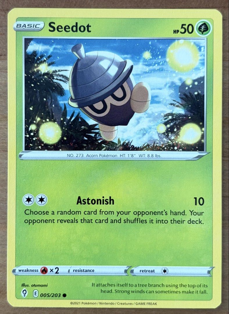 Seedot | Pokemon Cards ~ Evolving Skies (Category: Raw Singles) located in Makati City. Submitted by cardlab (Listing ID 1467836763, Image 1). Description: Items are 💯 authentic/original/legit. About The Card: •Language: EN • Number: 005/203 • Common • Normal FOR: • Cards ₱99 and below with Card Sleeves • Cards ₱100 and up with Card Sleeves and Used Toploader • ₱10 for Bnew Tops Packaging (If Shipping): ✔️ Plastic cover ✔️ Cardboard ✔️ Bubble wr