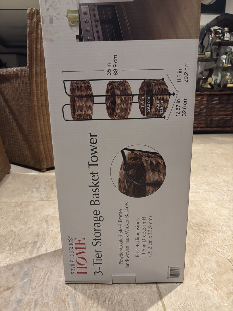 Seville Classics Home 3-Tier Storage Basket Tower (Category: Storage Boxes & Baskets) located in Muntinlupa City. Submitted by everythingmnl (Listing ID 1467721983, Image 3). Description: - Brand: Seville Classics Home - Item: 3-Tier Storage Basket Tower - Condition: Brand new, unopened box - Material: Sturdy powder-coated steel frame with hand-woven faux wicker baskets - Overall Dimensions: 12.87" L x 11.5" W x 35" H (32.6 cm x 29.2 cm x 88.9 cm