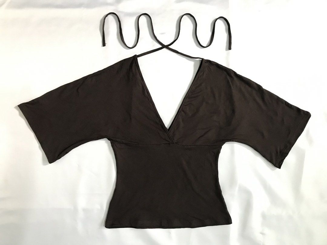 SHEIN Batwing Black Coffee Brown Deep V-Neck Blouse (Category: Others Tops) located in Davao. Submitted by mira_e02 (Listing ID 1467695659, Image 1). Description: S-M (Stretchable).