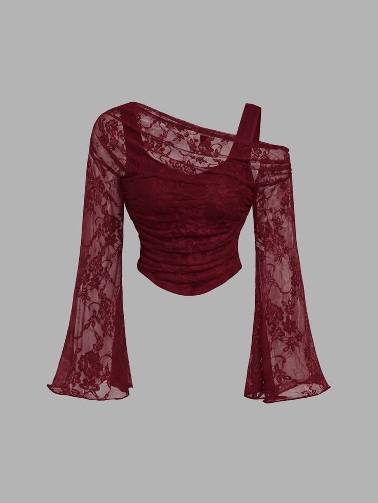 shein tops (Category: Longsleeves) located in Caloocan City. Submitted by bubblesxzn (Listing ID 1467682966, Image 3). Description: This burgundy off-shoulder top features a chic, feminine design with a modern, elegant touch. It has a flattering asymmetrical neckline that drapes across the chest, leaving one shoulder exposed for a stylish look. The fitted, ruched fabric accentuates the waist, while the long, sheer sleeves with dramatic flared cuf