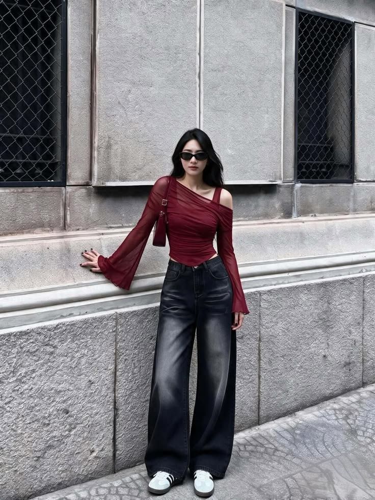 shein tops (Category: Longsleeves) located in Caloocan City. Submitted by bubblesxzn (Listing ID 1467682966, Image 1). Description: This burgundy off-shoulder top features a chic, feminine design with a modern, elegant touch. It has a flattering asymmetrical neckline that drapes across the chest, leaving one shoulder exposed for a stylish look. The fitted, ruched fabric accentuates the waist, while the long, sheer sleeves with dramatic flared cuf