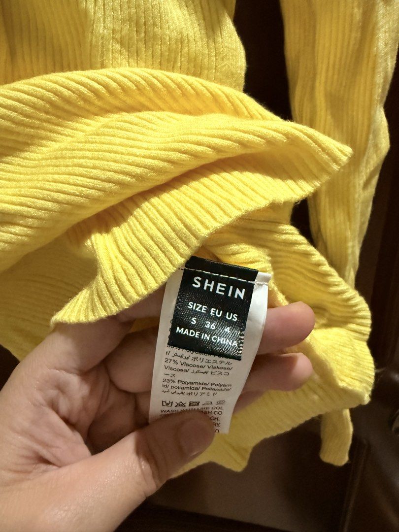 SHEIN Yellow Ribbed Turtleneck Sweater Size S (Category: Longsleeves) located in Mandaluyong City. Submitted by riz_040521 (Listing ID 1467670296, Image 3). Description: - Brand: SHEIN - Color: Bright yellow - Size: S (EU 36, US 4) - Material: Polyester, viscose, and polyamide blend - Style: Ribbed knit, long sleeves, turtleneck - Condition: Great basic piece, perfect for layering.