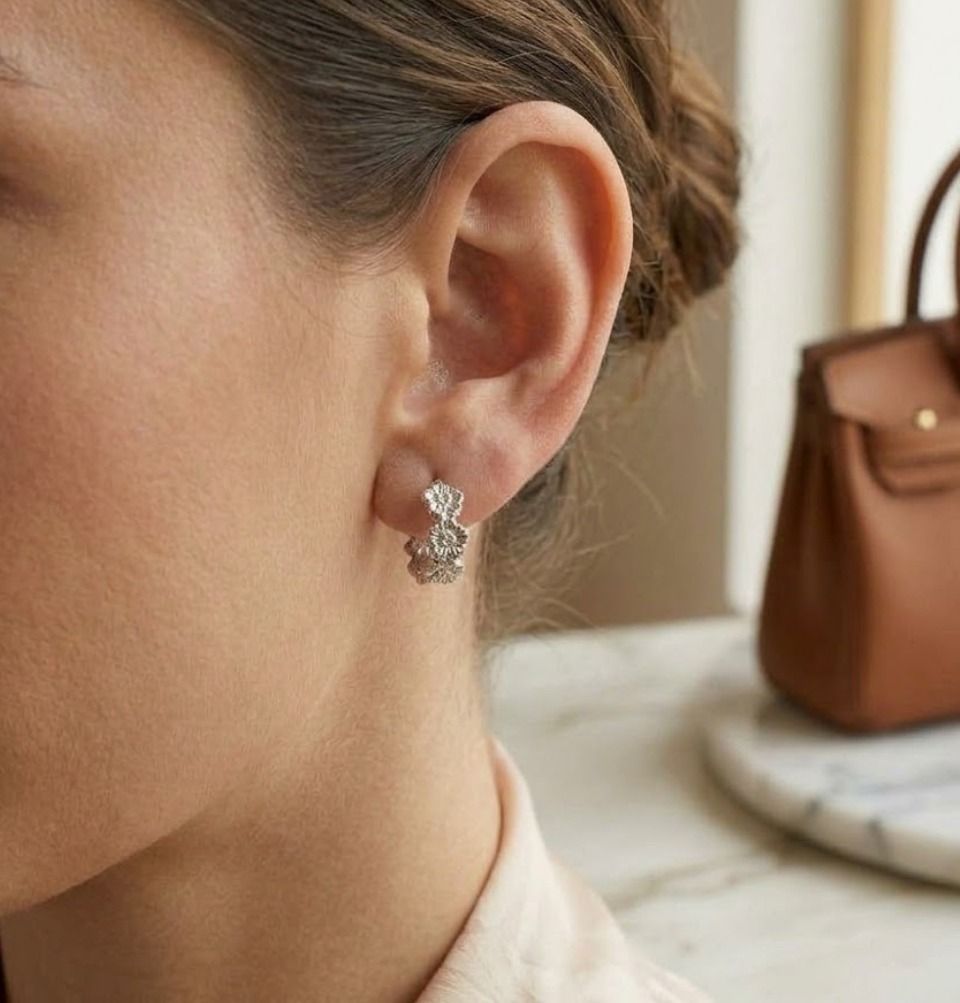 silver flower hoop earrings (Category: Earrings) located in Quezon City. Submitted by luxury_district.korea (Listing ID 1467709370, Image 2). Description: .