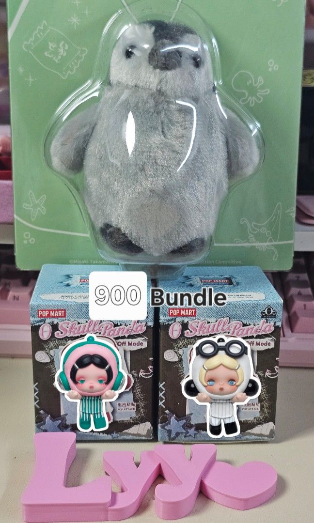 SKULLPANDA OFFMODE (Category: Designer & Blind Box Toys) located in Mataasnakahoy. Submitted by meomylyy (Listing ID 1467773013, Image 1). Description: sp offmode bundle No Adulting Mute Mode Popmart Skip and Loafer Penguin Gong Plush.
