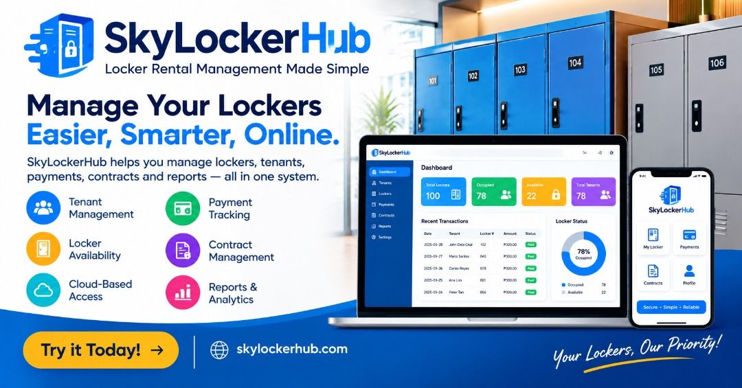 SkyLockerHub Locker Rental Management App (Category: Apartments & Condos) located in Makati City. Submitted by alexandaya (Listing ID 1465294226, Image 2). Description: Sky Locker Hub gives locker rental businesses one place to track every unit, manage renters, collect e-signed rental agreements, send automatic renewal reminders, and get paid — so nothing falls through the cracks. skylockerhub.com.