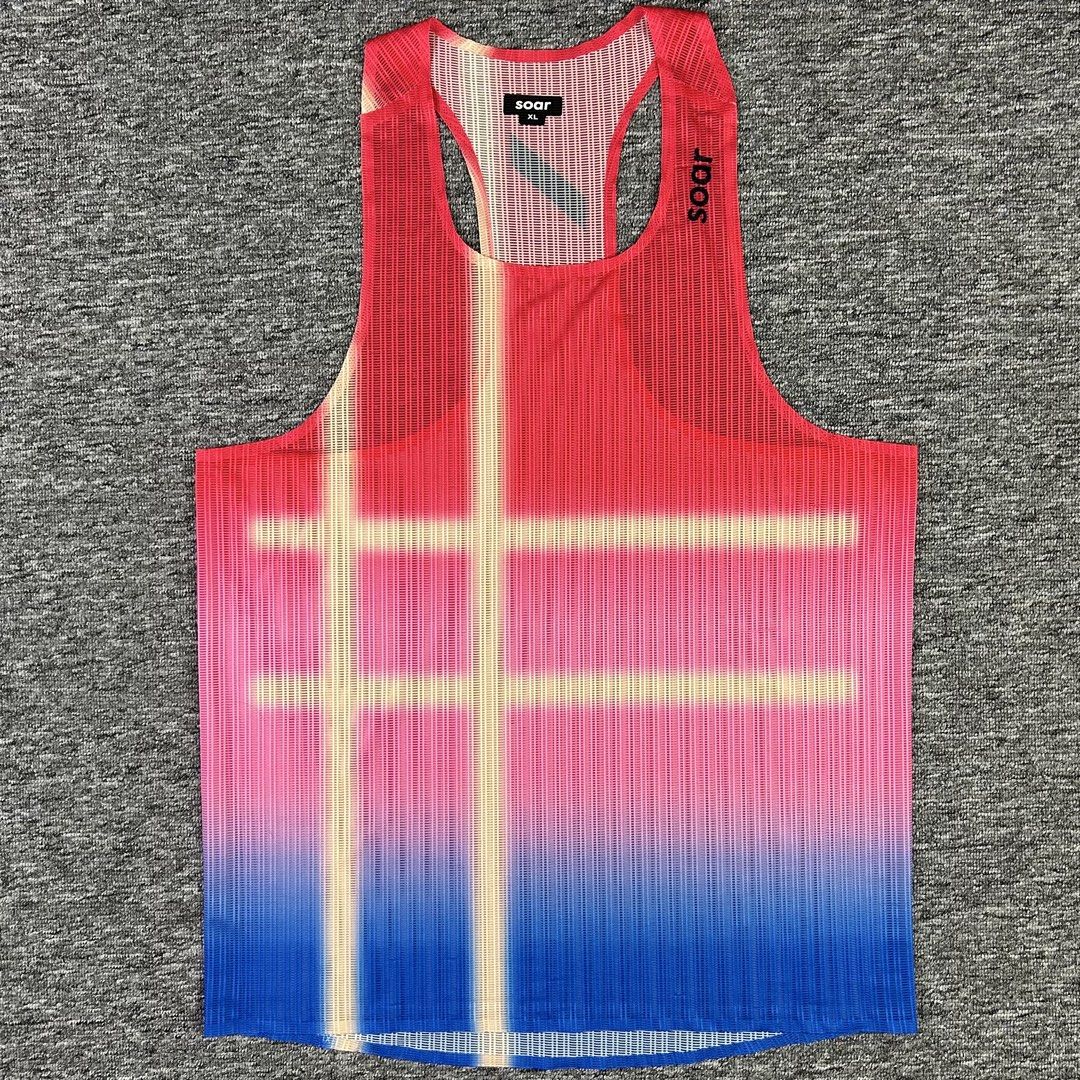 SOAR Running - Red/Blue Race Vest Running Singlet (Category: Activewear) located in Manila. Submitted by not4every1 (Listing ID 1467731827, Image 1). Description: SOAR Running - Red/Blue Race Vest Running Singlet Size: XL Condition: Very Good Flaws: Runs, no washtag Measurements: Width: 19.75 Length: 27.5 (front) / 28.5 (back) Shoulder: 9.25 Price: 999 + SF Buy at your own risk. Color may vary due to lighting. Measurements are taken on a flat sur
