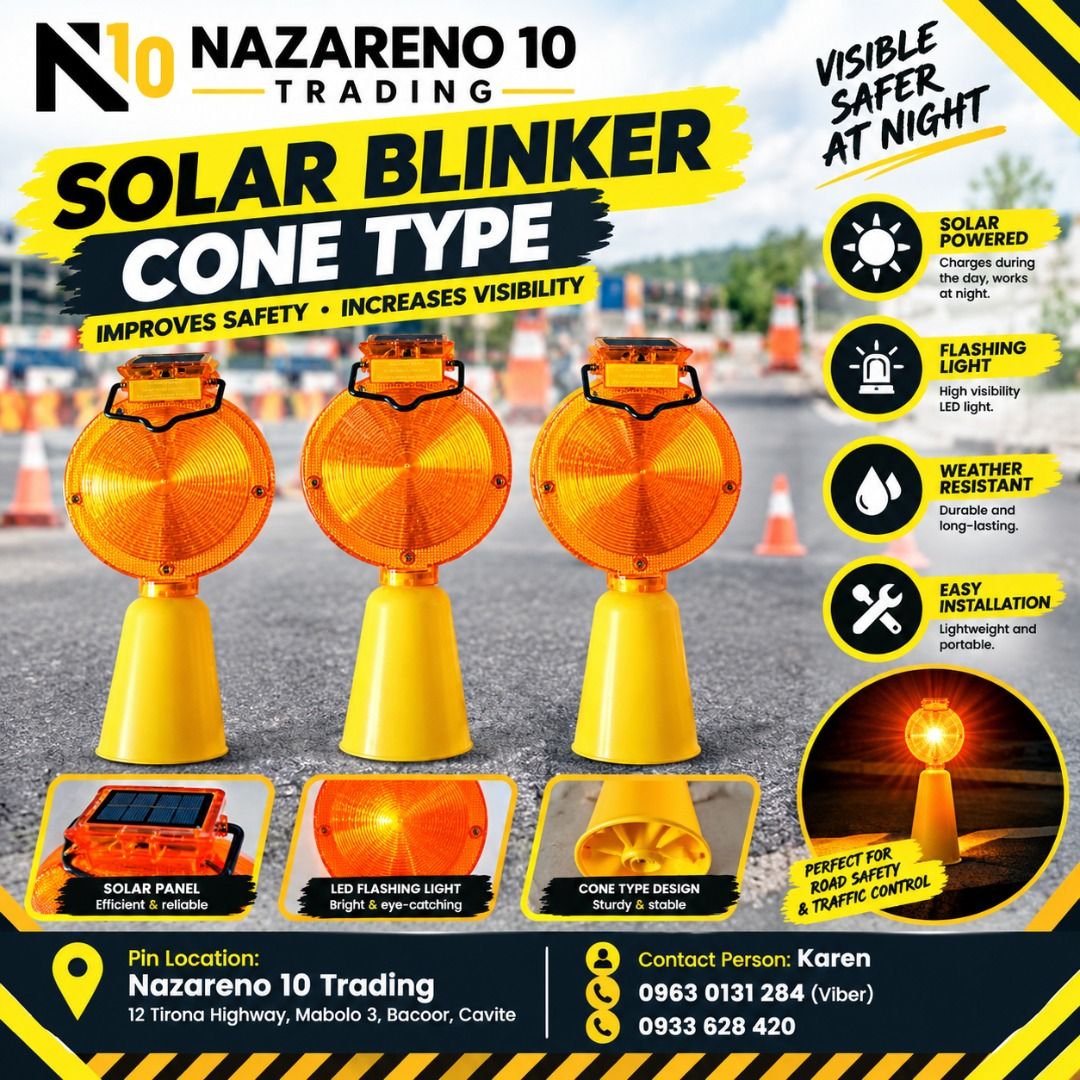 SOLAR BLINKER CONE TYPE (Category: Looking For) located in Bacoor. Submitted by kajezame.2021 (Listing ID 1467632999, Image 1). Description: SOLAR BLINKER CONE TYPE For More Details and Discount Contact Ms. Karen NAZARENO 10 TRADING 0963 0131 284 0933 6283 420 0956 7028 557 0933 8559 510 Landline: Look for Ms. Karen (046 ) 416 3920 Also available: • Traffic cone • Parking Block stopper • Hooded trash bin • Road Plastic Barrier • Spill boom • Fish