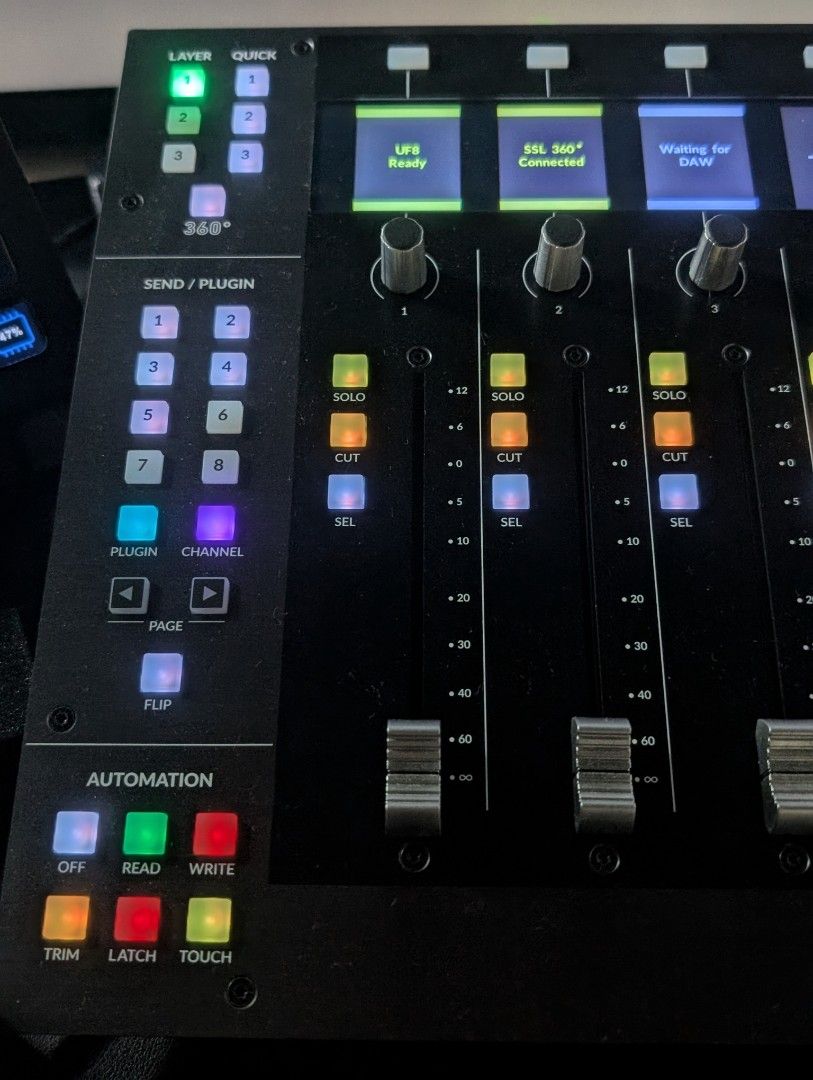Solid State Logic SSL UF8 Studio Controller (Category: Musical Instruments) located in Singapore. Submitted by dustoutmud (Listing ID 1467688715, Image 2). Description: Solid State Logic UF8 advanced DAW controller. Eight touch-sensitive motorized faders, multi-purpose encoder knobs, color TFT displays for track feedback. Automation controls including read, write, touch, and latch modes. Soft keys section and bank navigation buttons. Built-in SSL