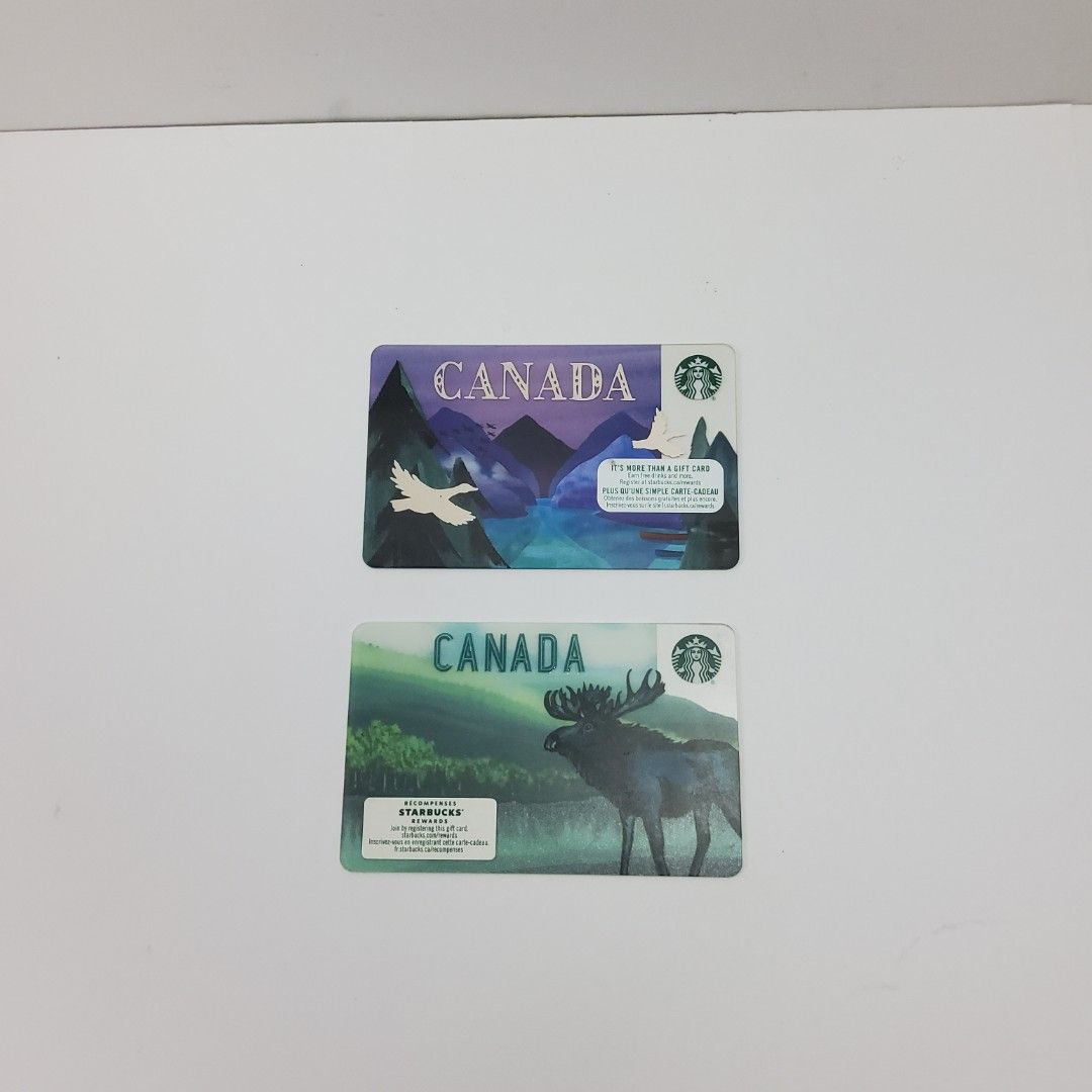 Starbucks Canada Gift Card Set - 2 Designs For Collection Only (Category: Vouchers) located in Quezon City. Submitted by goodz4good (Listing ID 1467701507, Image 1). Description: - Set of 2 authentic Starbucks Canada scenery gift cards - Designs: Purple mountain/birds and Green forest moose - Unregistered cards with intact PIN scratch panels - Great collectible set for Starbucks card enthusiasts Starbucks card Canada Good condition Good for colle