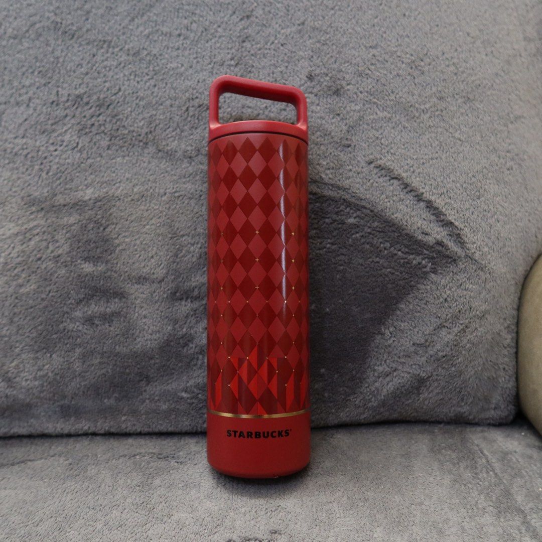 Starbucks MiiR Red Argyle Pattern Insulated Water Bottle (Category: Water Bottles & Tumblers) located in Manila. Submitted by gentlewind_62f064 (Listing ID 1467617083, Image 1). Description: - Authentic Starbucks x MiiR collaboration water bottle - Striking red body with a chic darker red geometric argyle pattern - Elegant gold accents near the base - Suitable for both hot and cold beverages - Convenient built-in handle on the cap for easy carryi