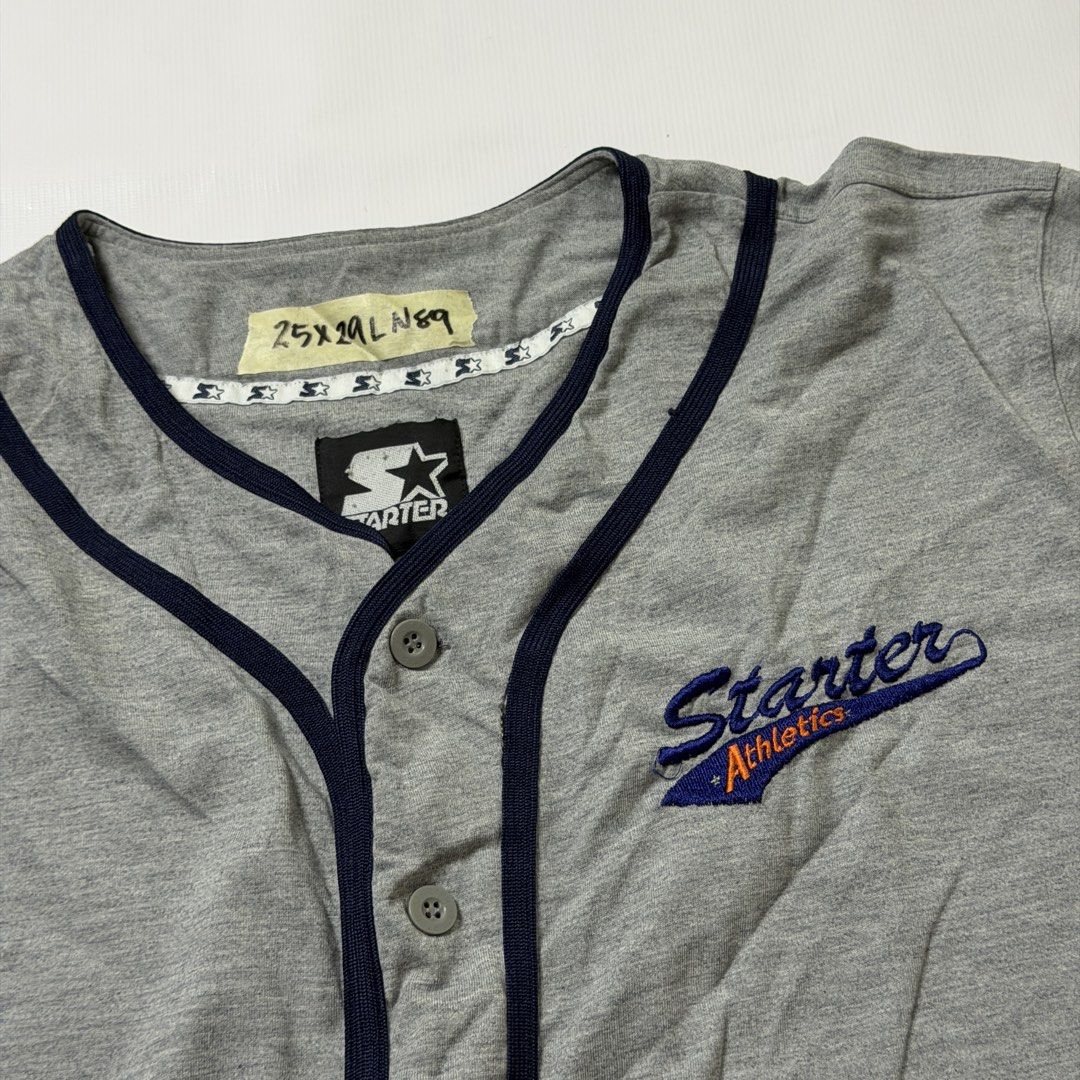 Starter Athletics Grey Baseball Jersey Shirt (Category: Activewear) located in Gapan. Submitted by rasthriftshop (Listing ID 1467797085, Image 2). Description: STARTER Size on tag: L Dimes: 25 x 29 ₱600 + sf Condition: Excellent Color rate: 9/10 Issue: None.
