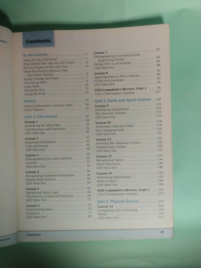 Steck-Vaughn GED Science Study Guide Textbook (Category: Textbooks) located in Quezon City. Submitted by gaiarisaheart (Listing ID 1467615393, Image 3). Description: - Item: Steck-Vaughn GED Science Textbook - Coverage: Life Science, Earth & Space Science, and Physical Science - Features: Detailed lessons, mini-tests, review units, and a simulated GED test with answer keys and explanations - Condition: Pages and spine fully intact, minimal wear o