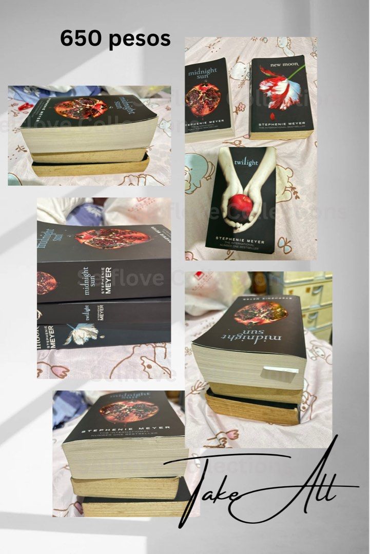 Stephenie Meyer Twilight Series Books Bundle (Category: Storybooks) located in Manila. Submitted by selflovecollections_0504 (Listing ID 1467696653, Image 1). Description: - Title: Stephenie Meyer Book Bundle (Twilight, New Moon, Midnight Sun) - Format: Softcover edition - Condition: Pre-loved with minor paper tanning and shelf wear; clean and readable text blocks - Price: ₱650 for the whole set - Deal: Take-all bundle, selling everything togethe