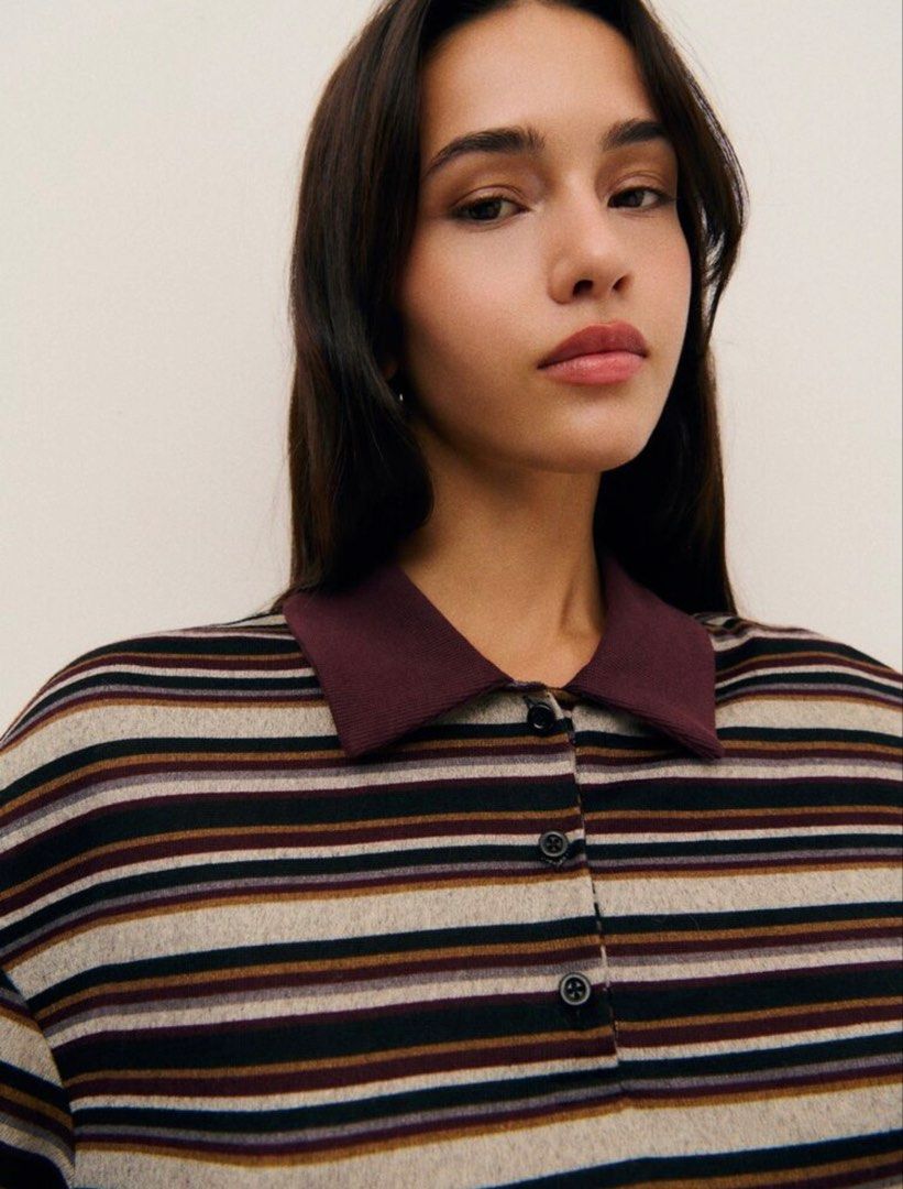 Stripes Knit Polo Top (Category: Longsleeves) located in San Juan City. Submitted by kassyjsn (Listing ID 1467785754, Image 3). Description: - Brand: SHEIN - Item: Stripes Knit Polo Top - Size: S (EU 36 / UK 8 / US 4) - Design: Classic horizontal stripes with contrast maroon collar and sleeve cuffs - Material: Comfortable, textured knit fabric - Style: Casual chic, versatile for daily wear or smart-casual looks - Oversized fit.