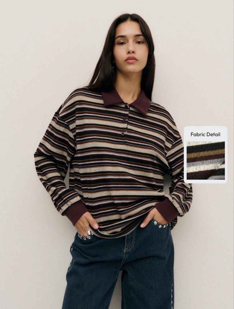 Stripes Knit Polo Top (Category: Longsleeves) located in San Juan City. Submitted by kassyjsn (Listing ID 1467785754, Image 1). Description: - Brand: SHEIN - Item: Stripes Knit Polo Top - Size: S (EU 36 / UK 8 / US 4) - Design: Classic horizontal stripes with contrast maroon collar and sleeve cuffs - Material: Comfortable, textured knit fabric - Style: Casual chic, versatile for daily wear or smart-casual looks - Oversized fit.