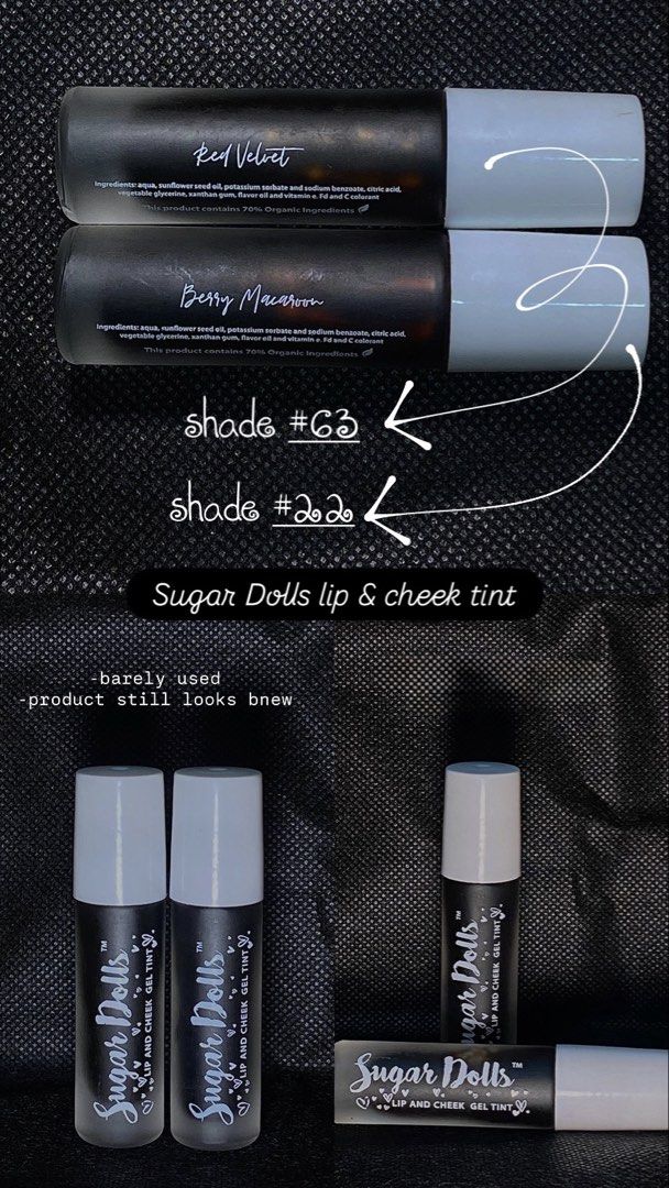 Sugar Dolls Lip & Cheek Tint (Category: Makeup) located in Mandaluyong City. Submitted by xeraa1012 (Listing ID 1467814212, Image 1). Description: - Bundle of two - Used once - Good as new.