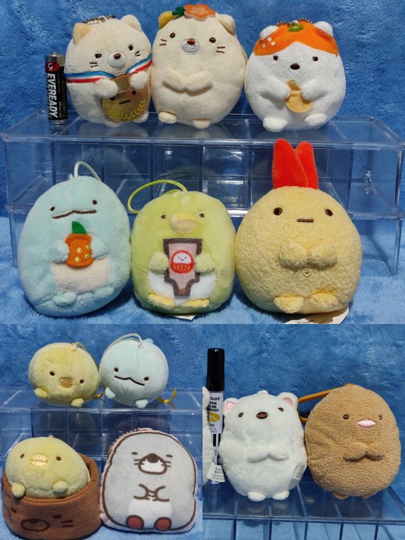 Sumikko Gurashi Plush Toy/Charm Collection (Category: Plushies & Soft Toys) located in Baguio. Submitted by abigailmyra (Listing ID 1467610411, Image 1). Description: - Genuine San-X Sumikko Gurashi plush toys - Various adorable characters with items like medals, oranges, and snacks - Equipped with loops for hanging or keychains -P35-P85 each, details in the photos loc:Baguio-CAR.