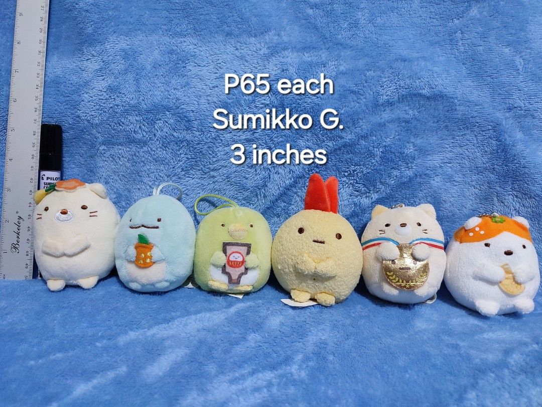 Sumikko Gurashi Plush Toy/Charm Collection (Category: Plushies & Soft Toys) located in Baguio. Submitted by abigailmyra (Listing ID 1467610411, Image 3). Description: - Genuine San-X Sumikko Gurashi plush toys - Various adorable characters with items like medals, oranges, and snacks - Equipped with loops for hanging or keychains -P35-P85 each, details in the photos loc:Baguio-CAR.