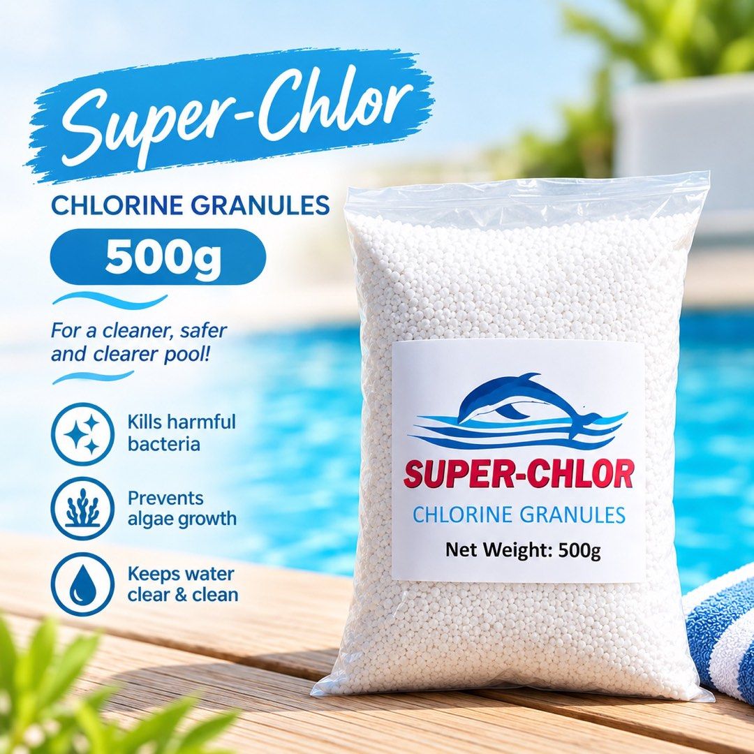 Super-Chlor Chlorine Granules 500g Pool Cleaner (Category: Cleaning Tools & Supplies) located in Paranaque City. Submitted by our_daily_essentialz (Listing ID 1467736685, Image 1). Description: - 500g of Super-Chlor chlorine granules - Keeps pool water clear, clean, and safe - Effectively kills harmful bacteria - Prevents stubborn algae growth - Granular form in a secure, sealed bag - Ideal for regular and hassle-free pool maintenance.