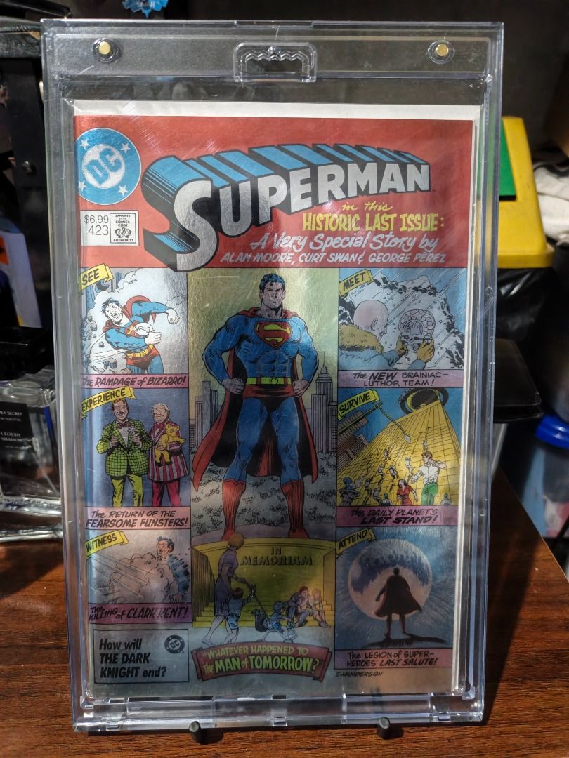 Superman #423 Alan Moore Historic Last Issue Comic Book (Category: Comics & Manga) located in Antipolo. Submitted by makasalanan (Listing ID 1467679614, Image 1). Description: - Title: Superman Issue #423 (Historic Final Issue) - Creators: Written by Alan Moore with art by Curt Swan and George Pérez - Cover: Iconic multi-panel preview cover art - Protection: Includes a hard plastic magnetic display case - Condition: Well-preserved and display-rea